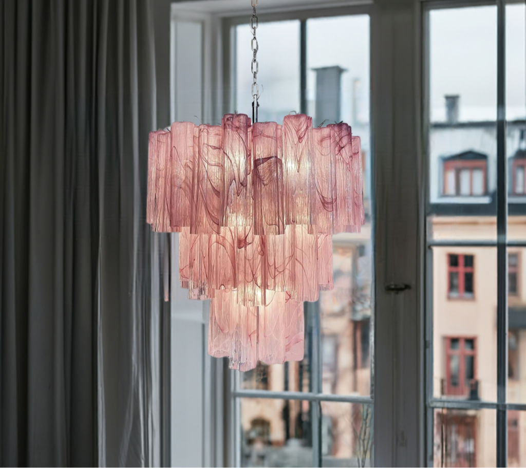 Murano ceiling chandelier Tubular Ø66 - 48 marbled pink glasses