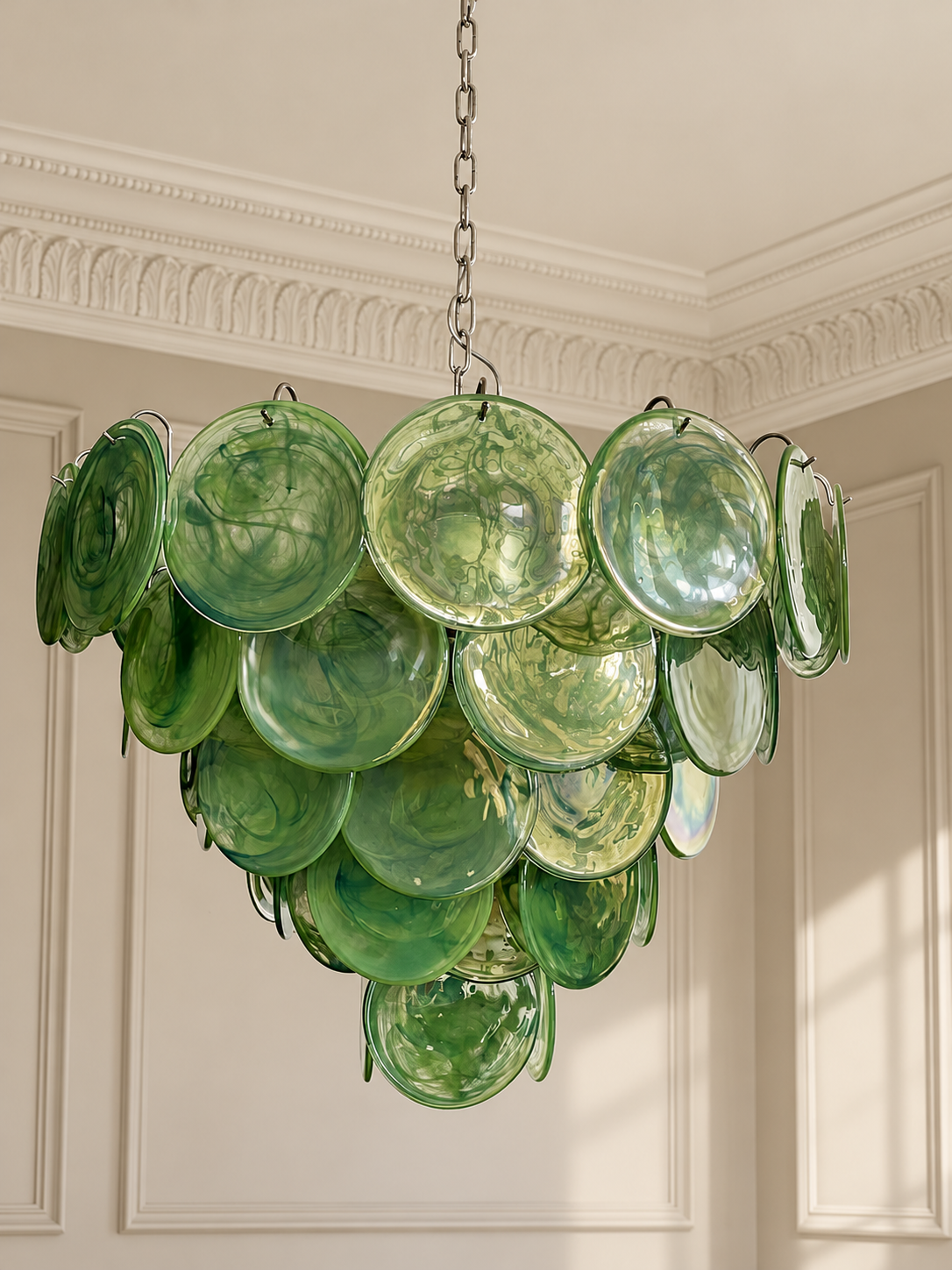 Murano takkrona Iris Ø70 - 57 glas - Green Alabaster i varm klassisk takmiljö