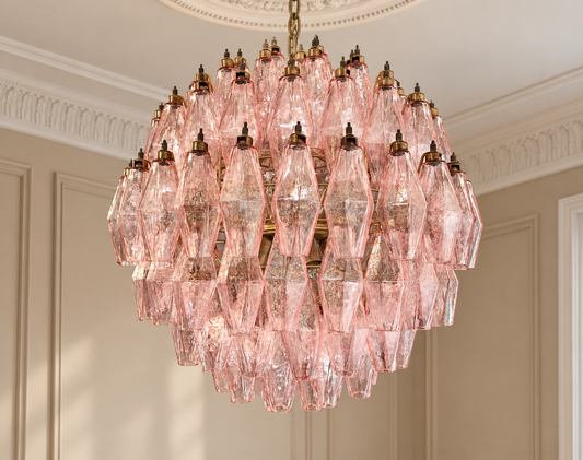 Murano takkrona Poliedri Sphere Ø60 - 140 glas - Rosa i varm klassisk takmiljö