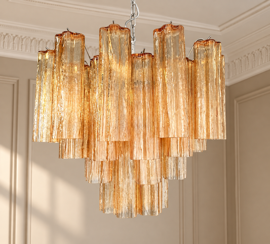 Murano takkrona Tubular Ø58 - 36 glas - Tobacco i varm klassisk takmiljö