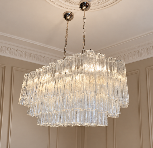 Murano takkrona Tubular 90 × 50 - 72 klara glas i varm klassisk takmiljö