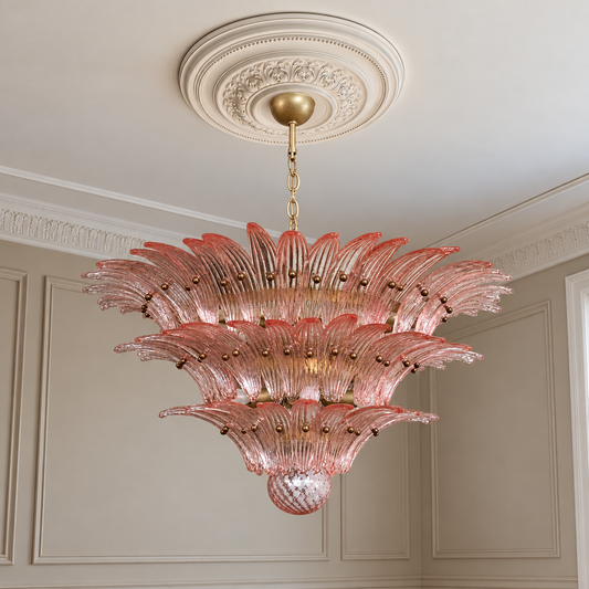 Murano takkrona Gatsby Ø100 - 104 glas - Dusty Rose i klassisk takmiljö