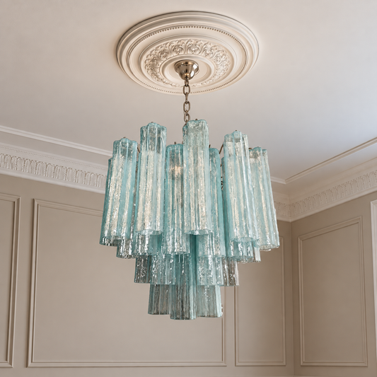 Murano takkrona Tubular Ø58 - 36 glas Mint i klassisk takmiljö