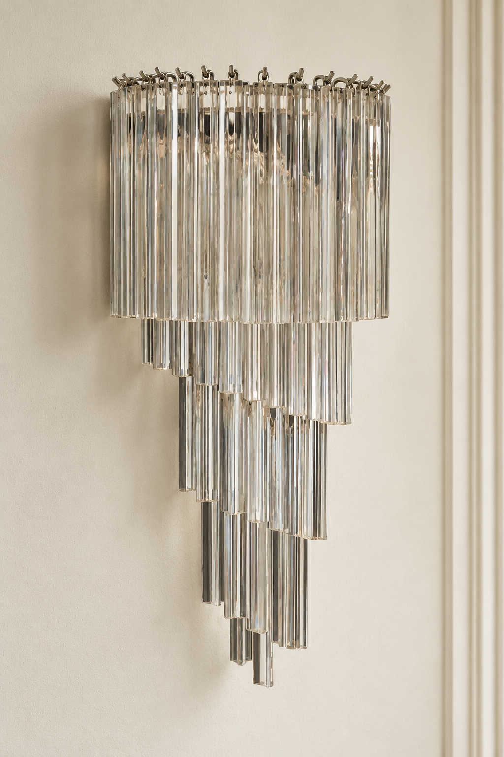 Murano vägglampa Grande Prisma Spiral i mjukt dagsljus på varm beige vägg