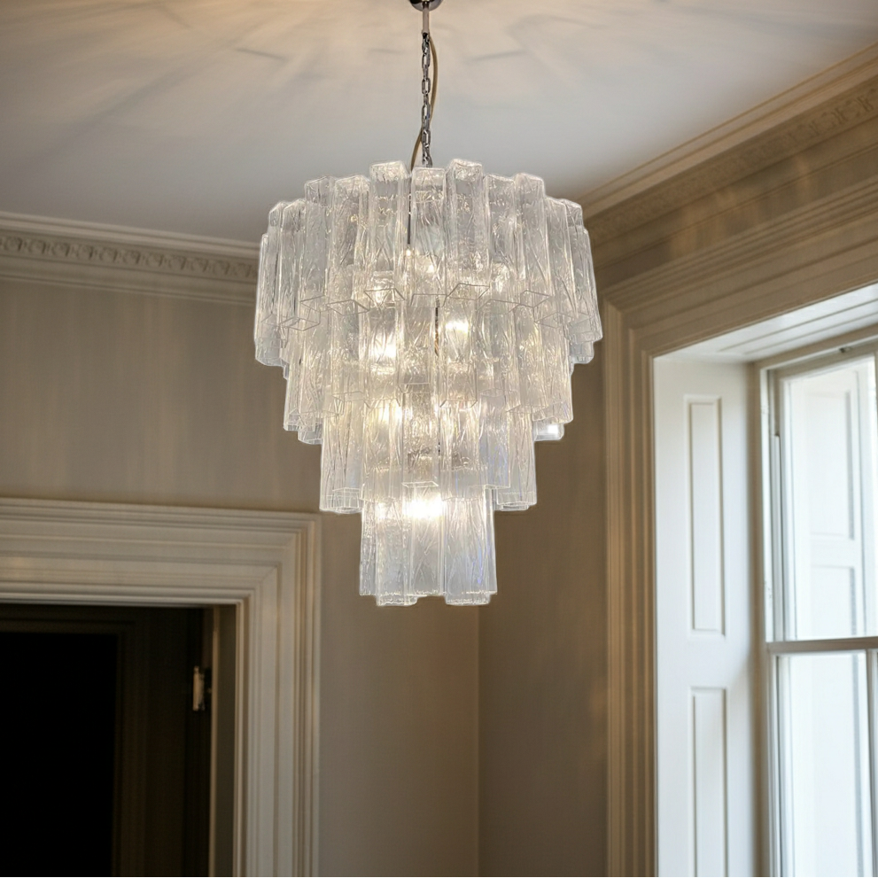 Lustre Murano Corteccia Ø85 – 80 éléments en verre transparent