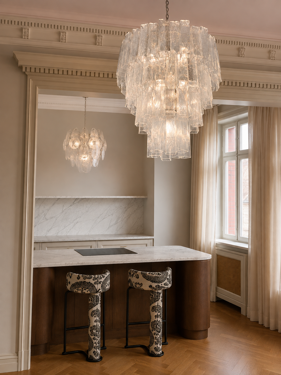Lustre Murano Corteccia Ø85 – 80 éléments en verre transparent