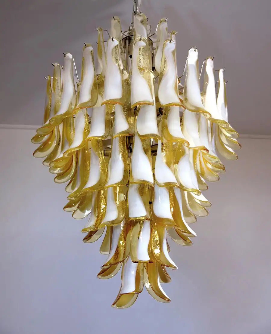 Murano Mazzega Chandelier Ø80 – 85 Amber & White Glass Leaves